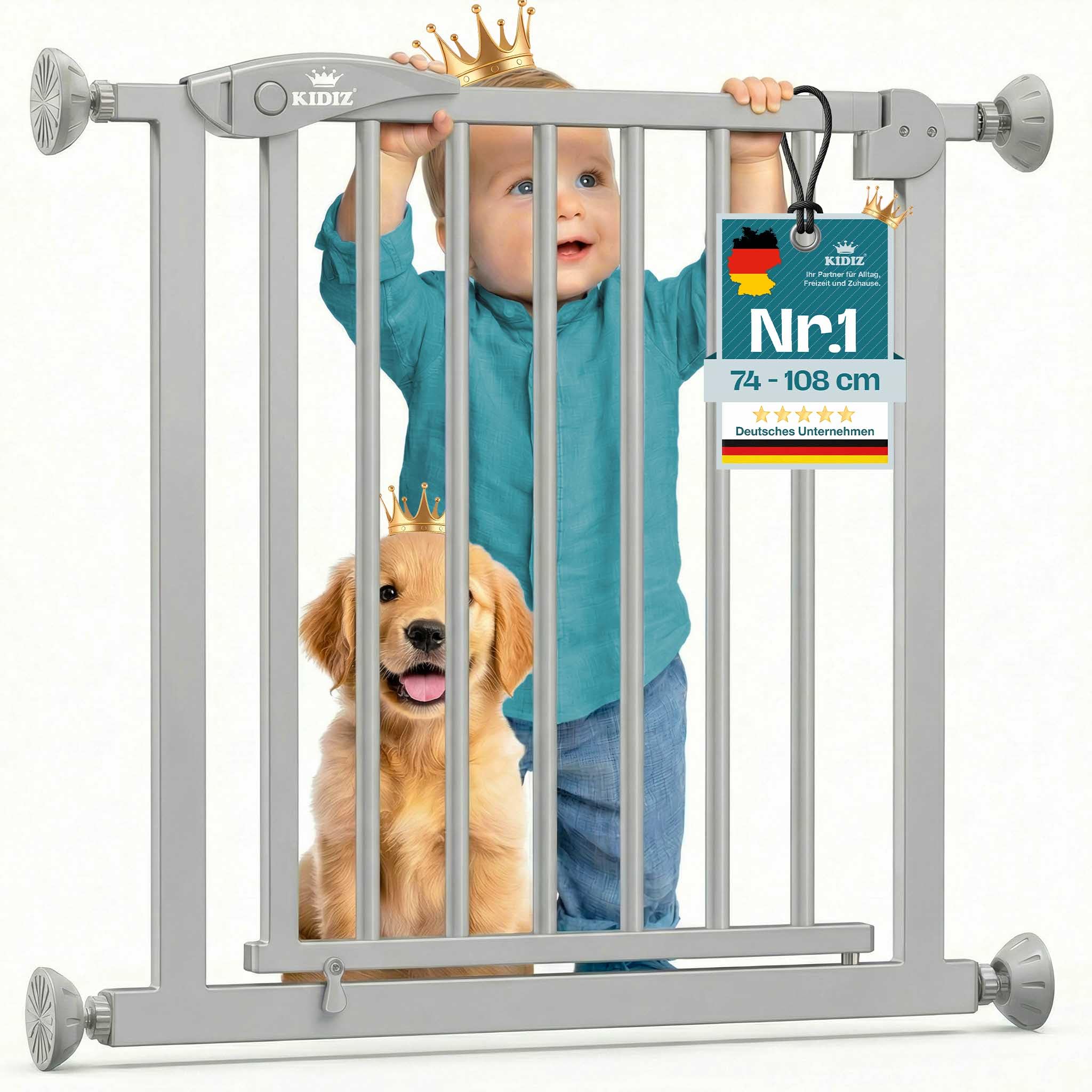 KIDIZ Treppenschutzgitter ohne Bohren | Verstellbare Breite: 74-80 cm, 75 cm hoch, Türschutzgitter und Absperrgitter für Kinder und Hunde, Beidseitige Einhand Öffnung, 90° Open-Stop System, Grau