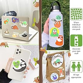 DETICKERS 50 PCS Cute Sloth Stickers for Kids Waterproof Vinyl Sloth Stickers for Water Bottles Party Decorations