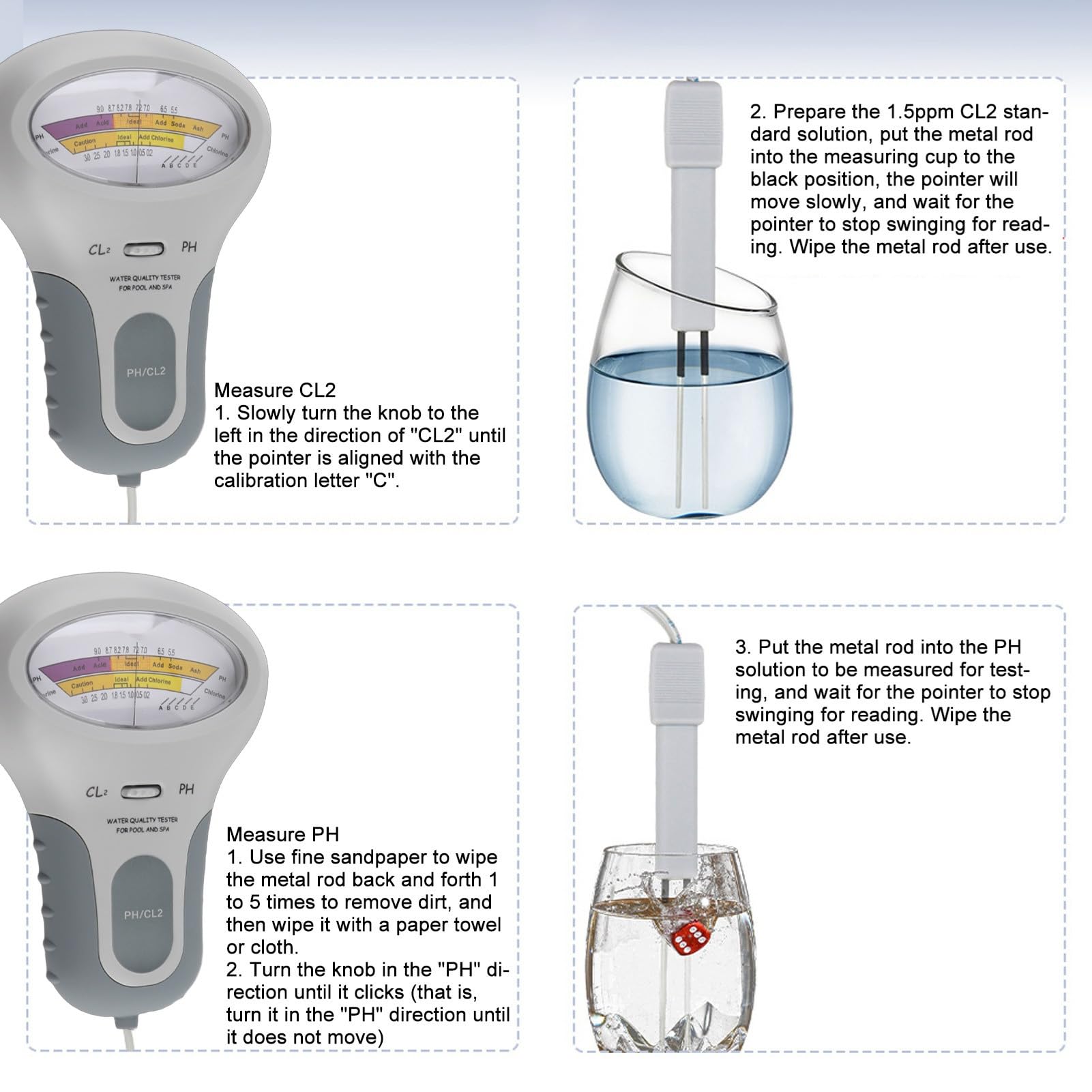 BuyWeek Testeur PH CL2, Testeur de Qualité de l'Eau PH CL2 Affichage Clair Haute Précision avec Cylindre de Mesure pour Piscine et Spa