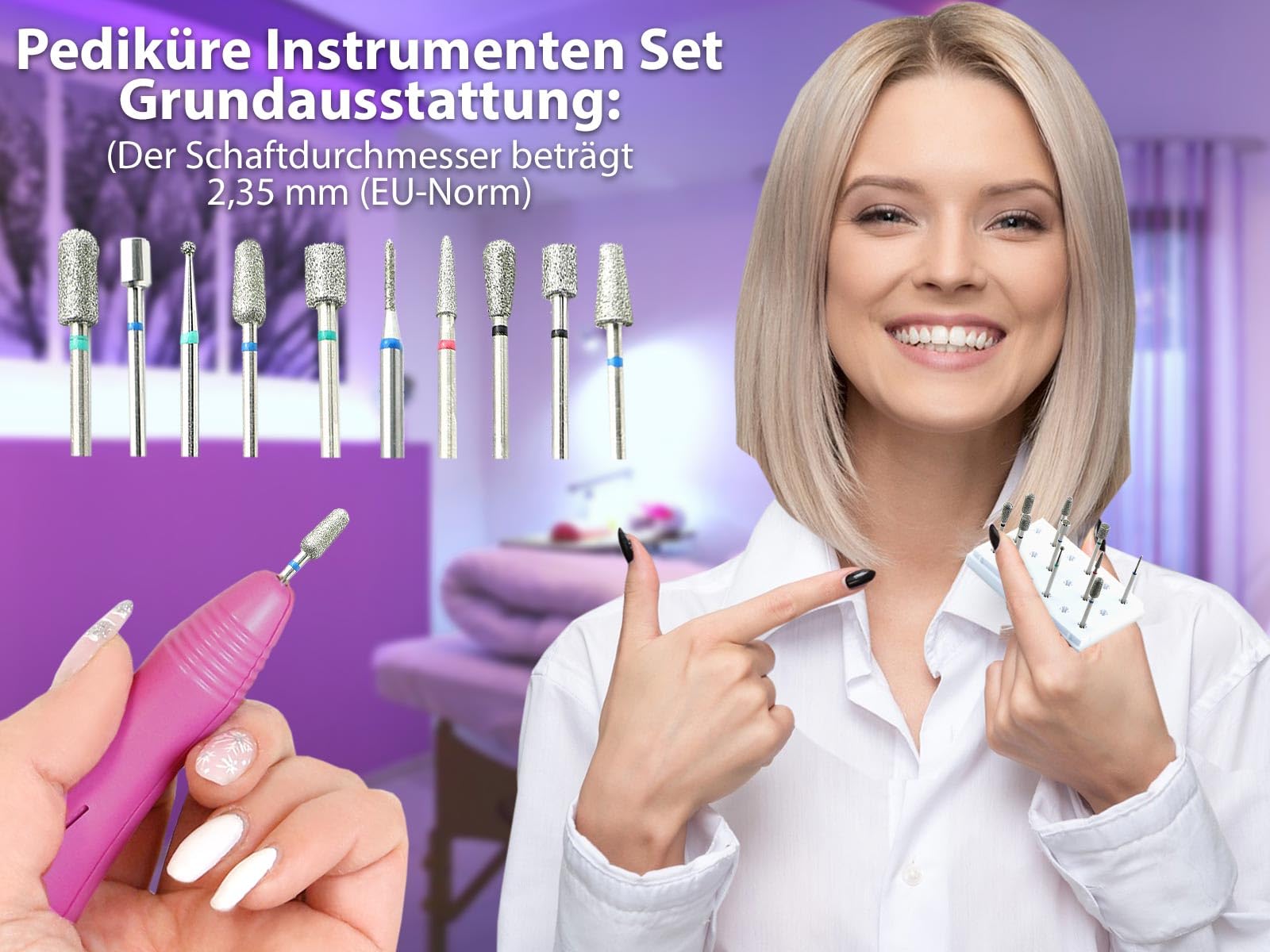 Elektrische Nagelfeile als Fußpflegegerät mit Spezial Fußpflege-Set | Nagelfräser, Maniküre und Pediküre Gerät mit 10 Profi Diamantschleifer in einer Aufbewahrungsbox zur attraktiven Nagelpflege