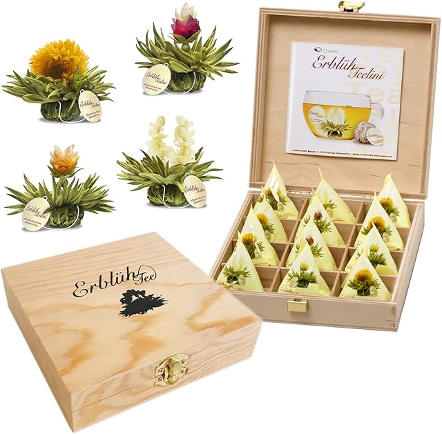 Creano AbloomTealini Teaflowers in Cup Format, Gift Set in Wooden teabox, 12 Flowers in 4 Varieties (White Tea)