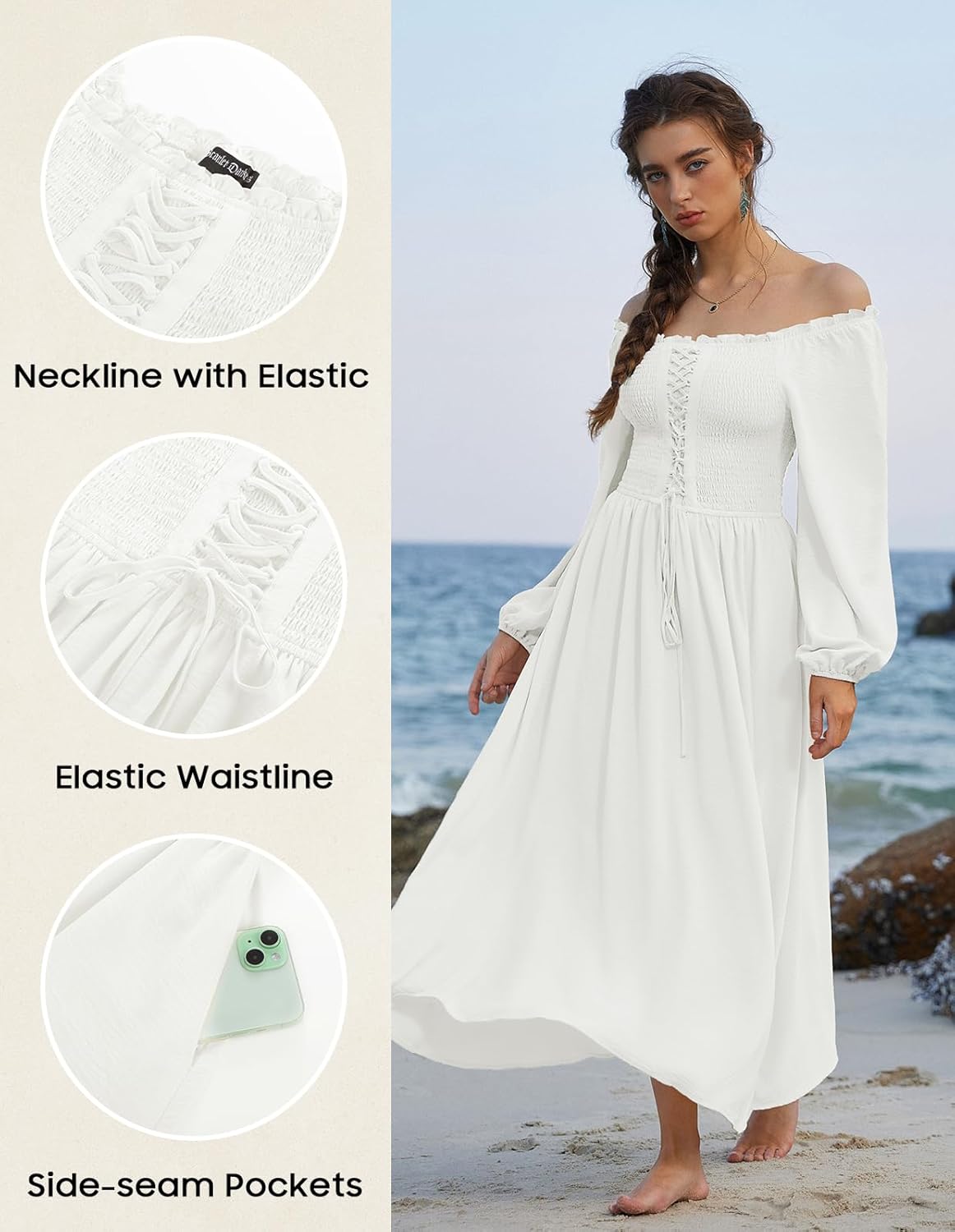 Scarlet Darkness Renaissance Dress Women Long Sleeve Cottagecore Smoked Dress with Pockets