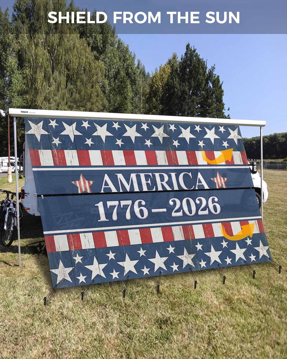 RV Awning Sun Shade Screen 9' x 13'3", 250 Year American Anniversary Flag Mesh RV Awning Shades Complete Kits, Blue Red USA Sunlight Blocker Outdoor Canopy for Camping Trailer Motorhome