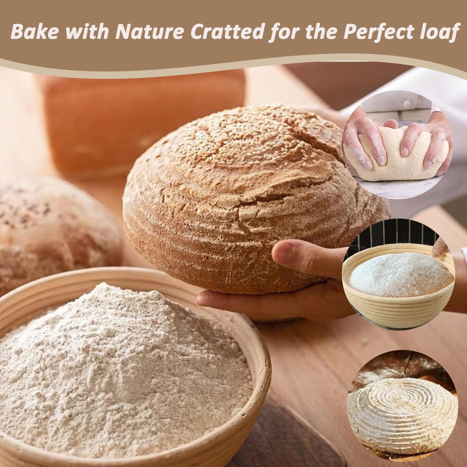 Panier à pain rond en rotin avec doublure en lin - 22 cm - 100 % rotin naturel - Pour levain - Comprend un coupe-pâte, un coupe-pain, pour boulangers professionnels et amateurs
