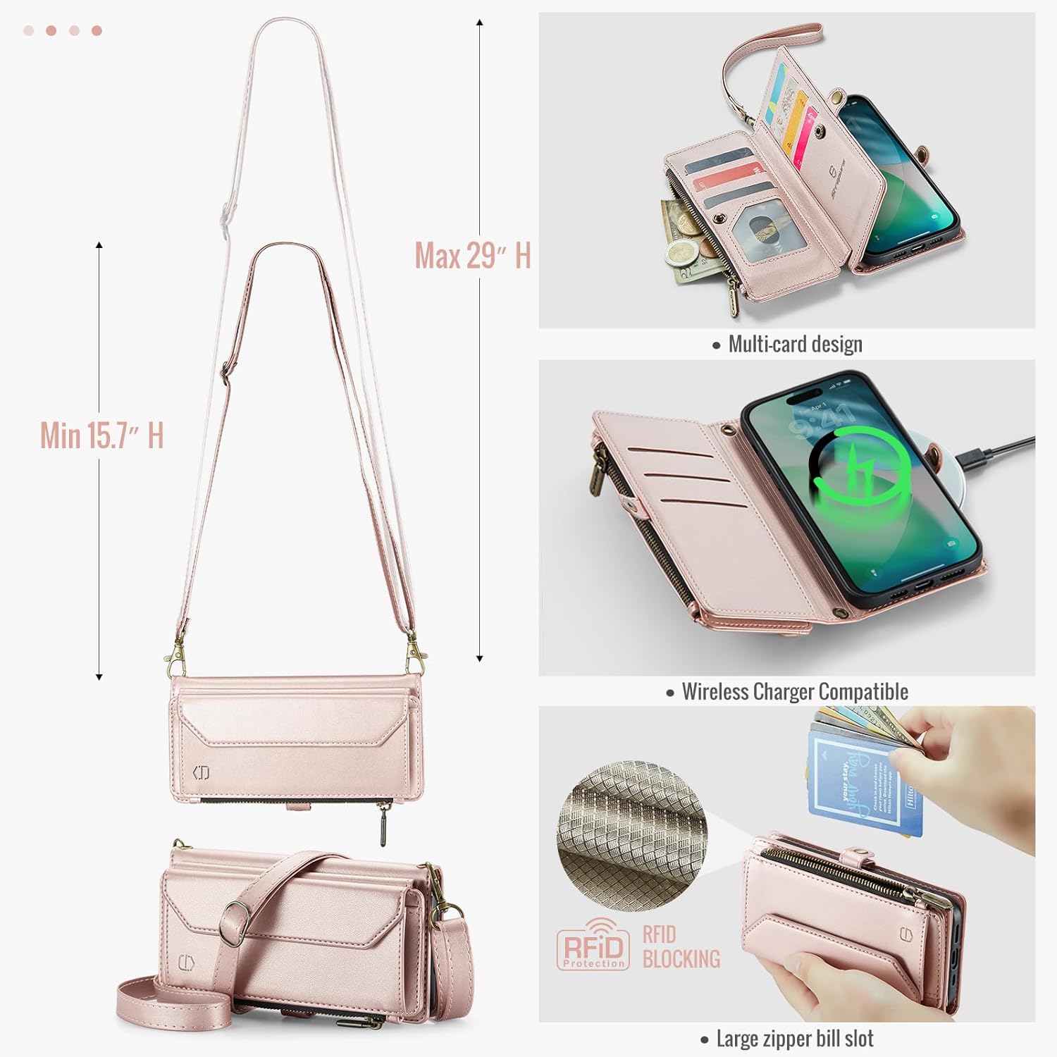 Wallet Case Compatible with iPhone Air 6.5" RFID Blocking 10-Card Holder Soft PU Leather Magnetic Snap Shoulder Strap Zipper Pocket Phone Case Fit for iPhone 17 Air for Women - Rose Gold - Image 7