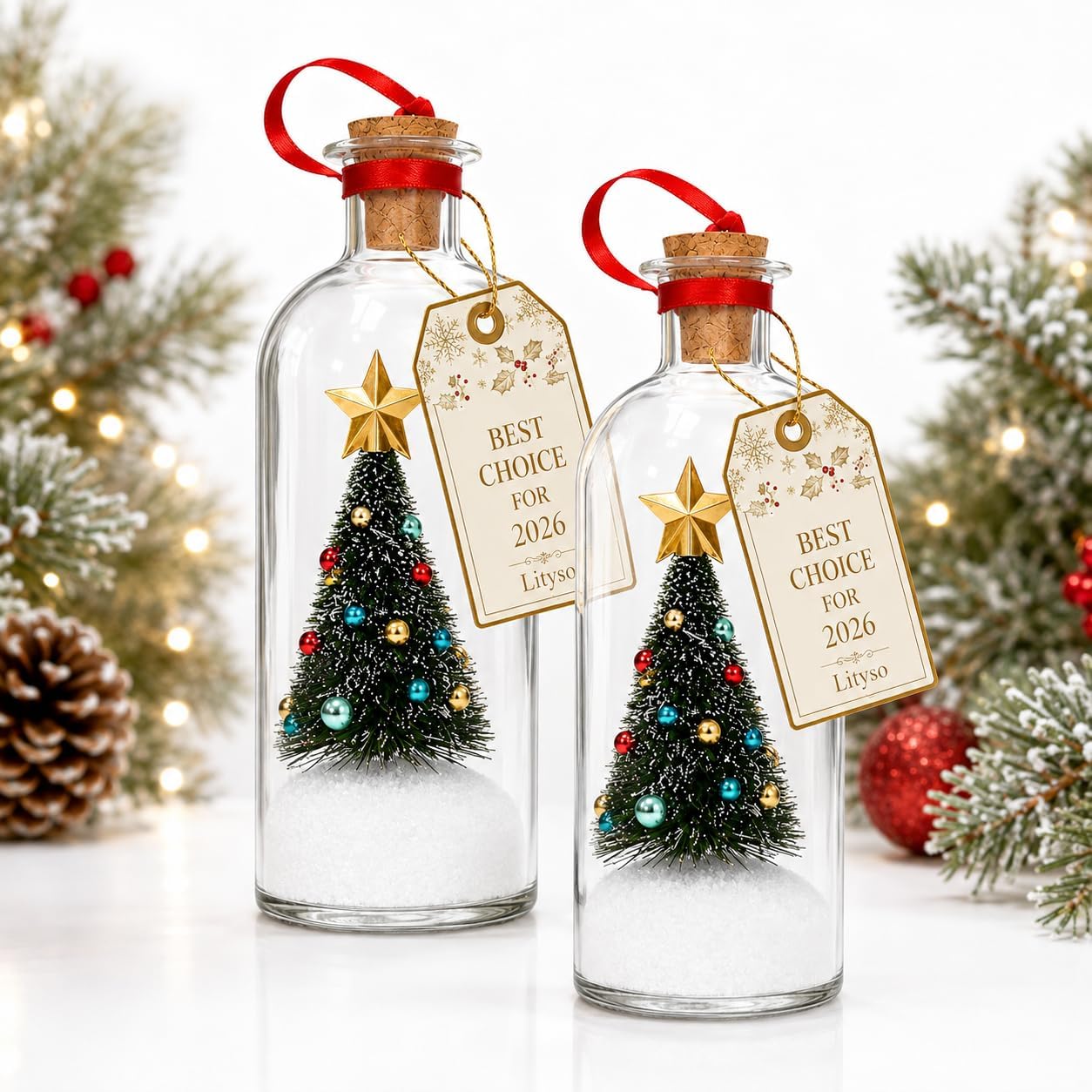 Christmas Tree Message in a Bottle, Recordable Glass Voice Bottle with Nostalgic Snowy Scene Ornament, Playback Cork, Unique Holiday Keepsake & Festive Gift for Family (Blue 3Pc)
