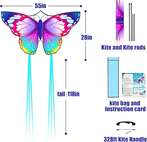 Miniatura 9 de Colorida cometa de mariposa para niños y adultos (55 x 29 pulgadas brillante)  Fácil de volar para la playa, principiantes y diversión familiar,
