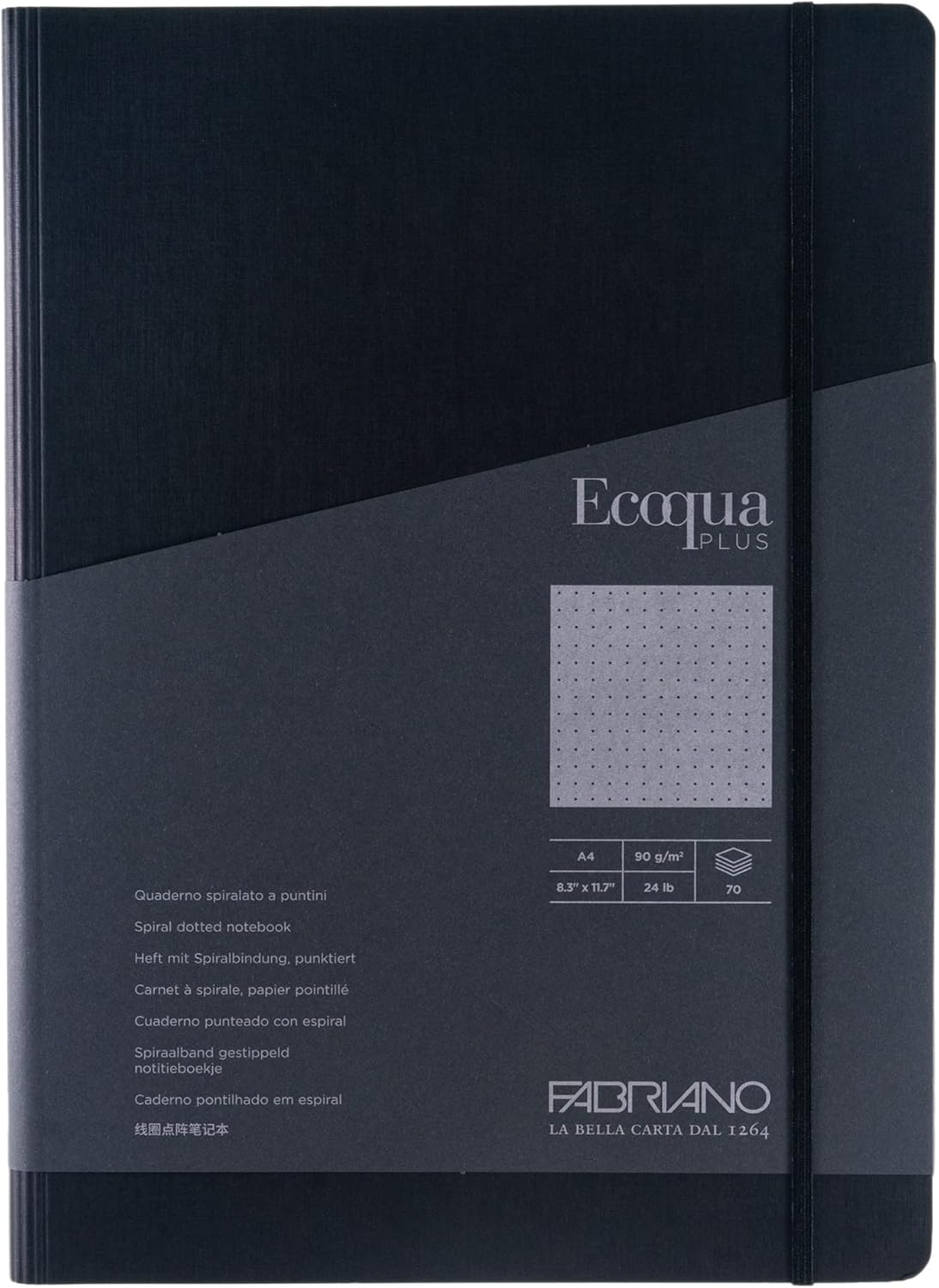 Fabriano Ecoqua Plus Hidden Spiral-Bound Notebook, 8.3" x 11.7", A4, Dotted, Black