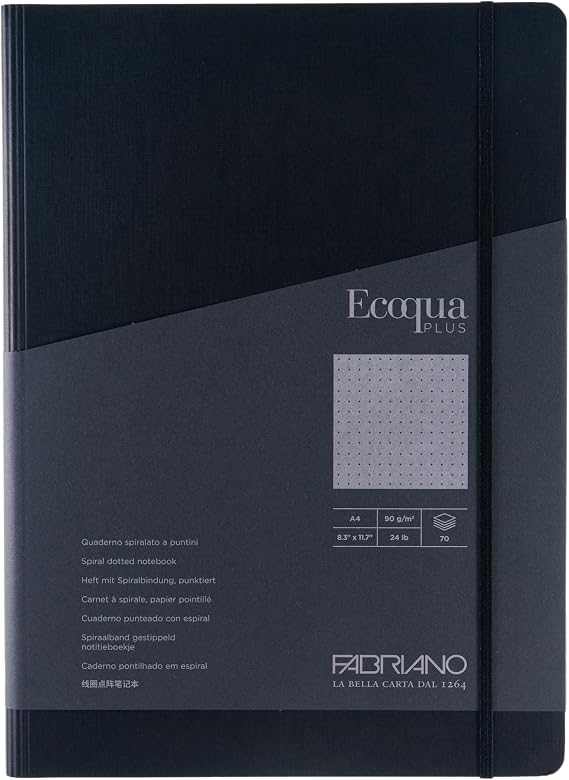 Fabriano Ecoqua Plus Hidden Spiral-Bound Notebook, 8.3 x 11.7, A4, Dotted, Black