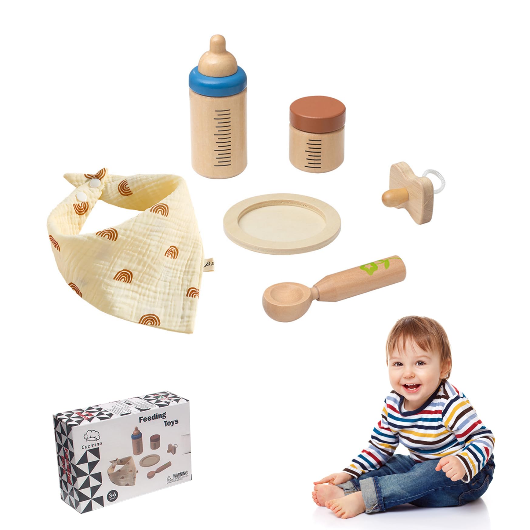 Syglawnd Baby Doll Feeding Set Realistic Wooden Baby Doll Feeding Accessories with Spoon, Section Plate, Milk Bottle and More, Accessories for Playing House