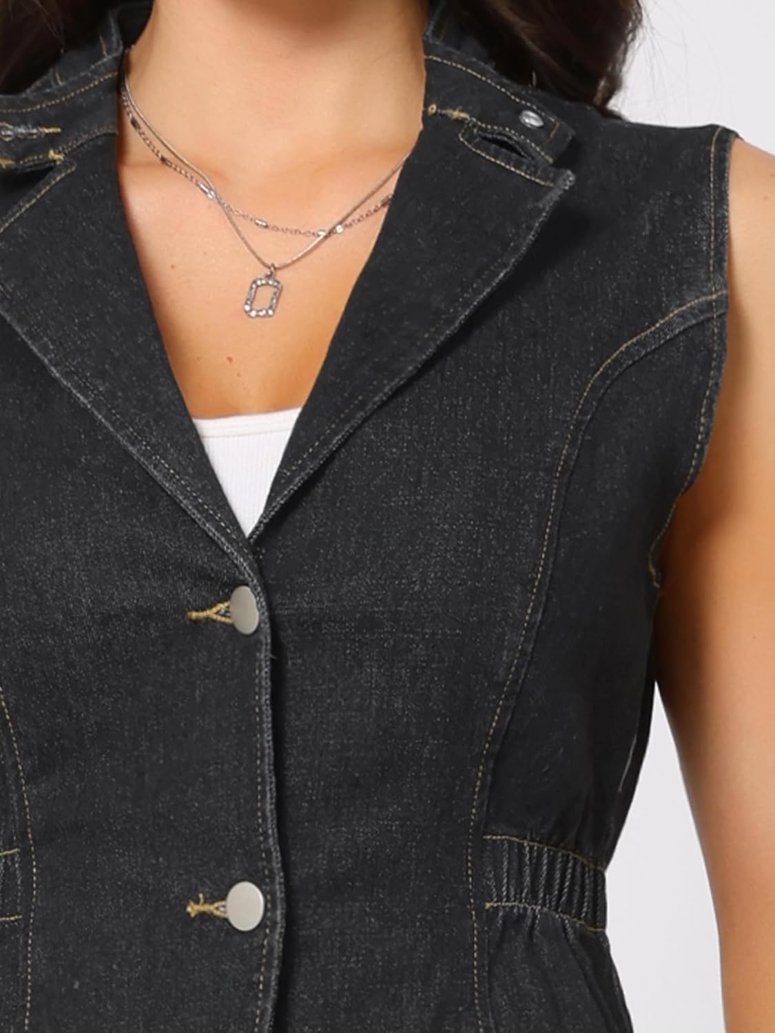 Women's Denim Vest Button Down V Neck Elastic Waist Waistcoat Sleeveless Jean Jacket - Image 5