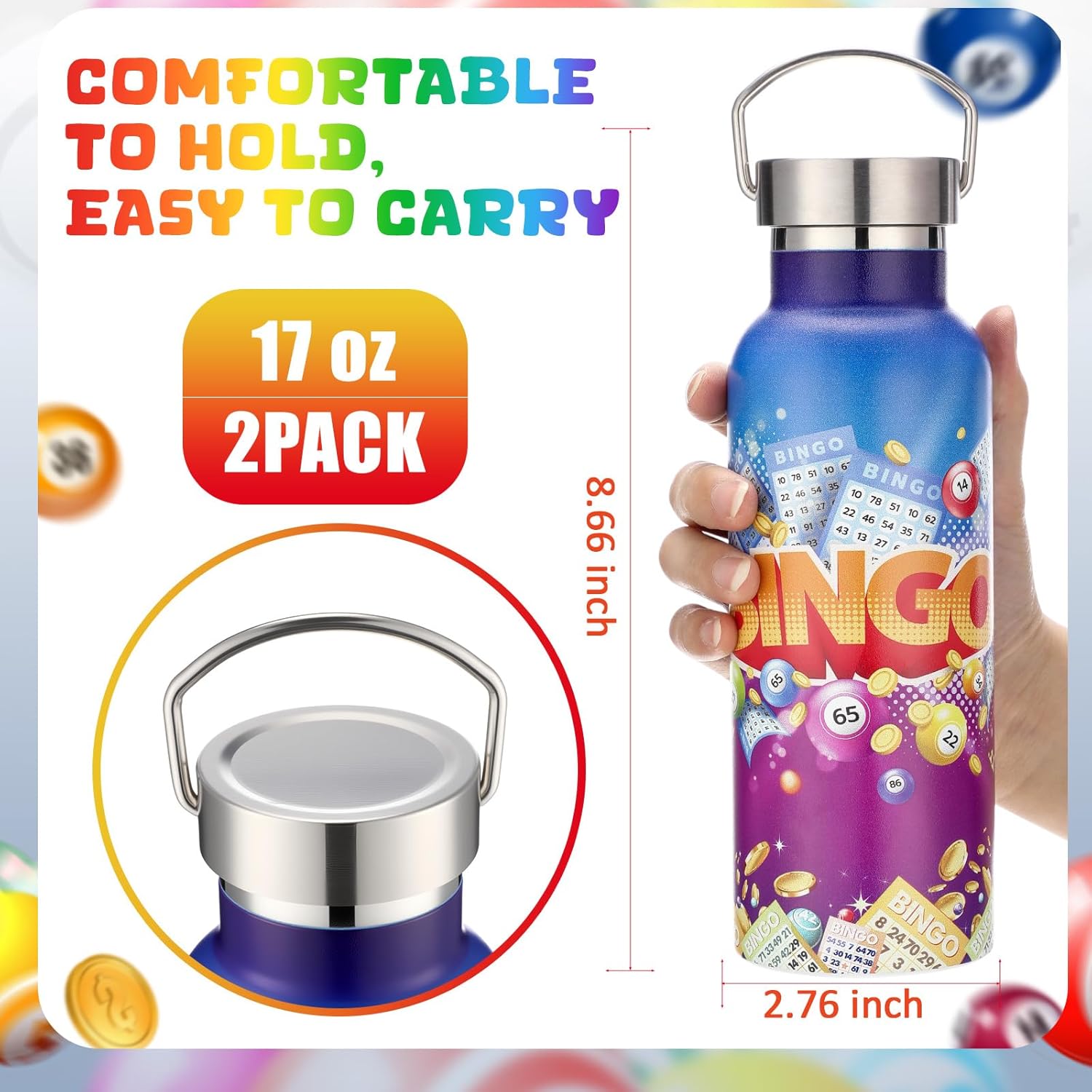 Geiserailie 2 Pack Bingo Tumbler Cups Bingo Prizes Gifts 17oz Stainless Steel Water Bottle Double Wall Insulated Bottle with Handle and Vacuum Seal Leakproof Lid for Seniors Adults Party