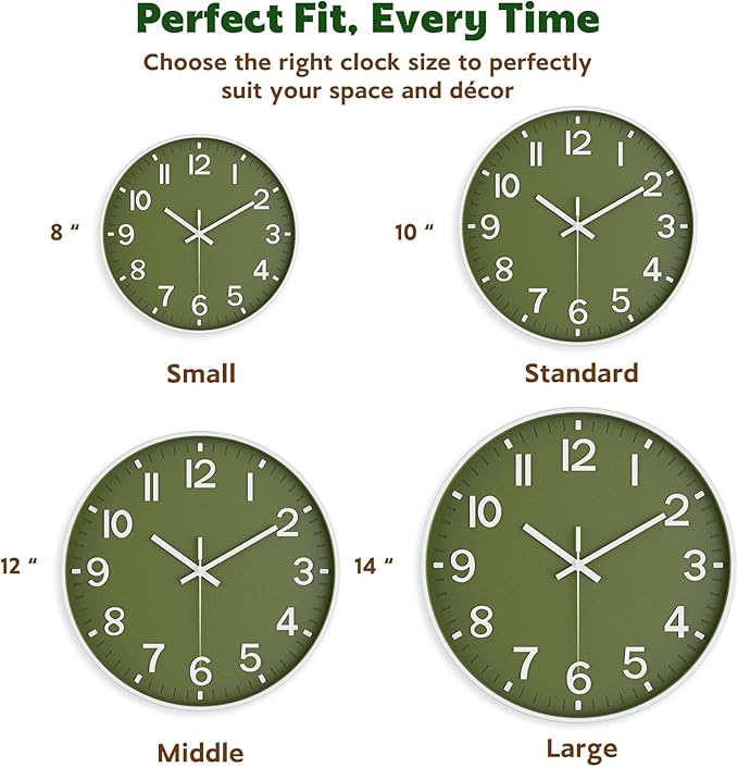 Reloj de Pared Analógico Silencioso, 10 Pulgadas, Verde Oliva miniatura 7