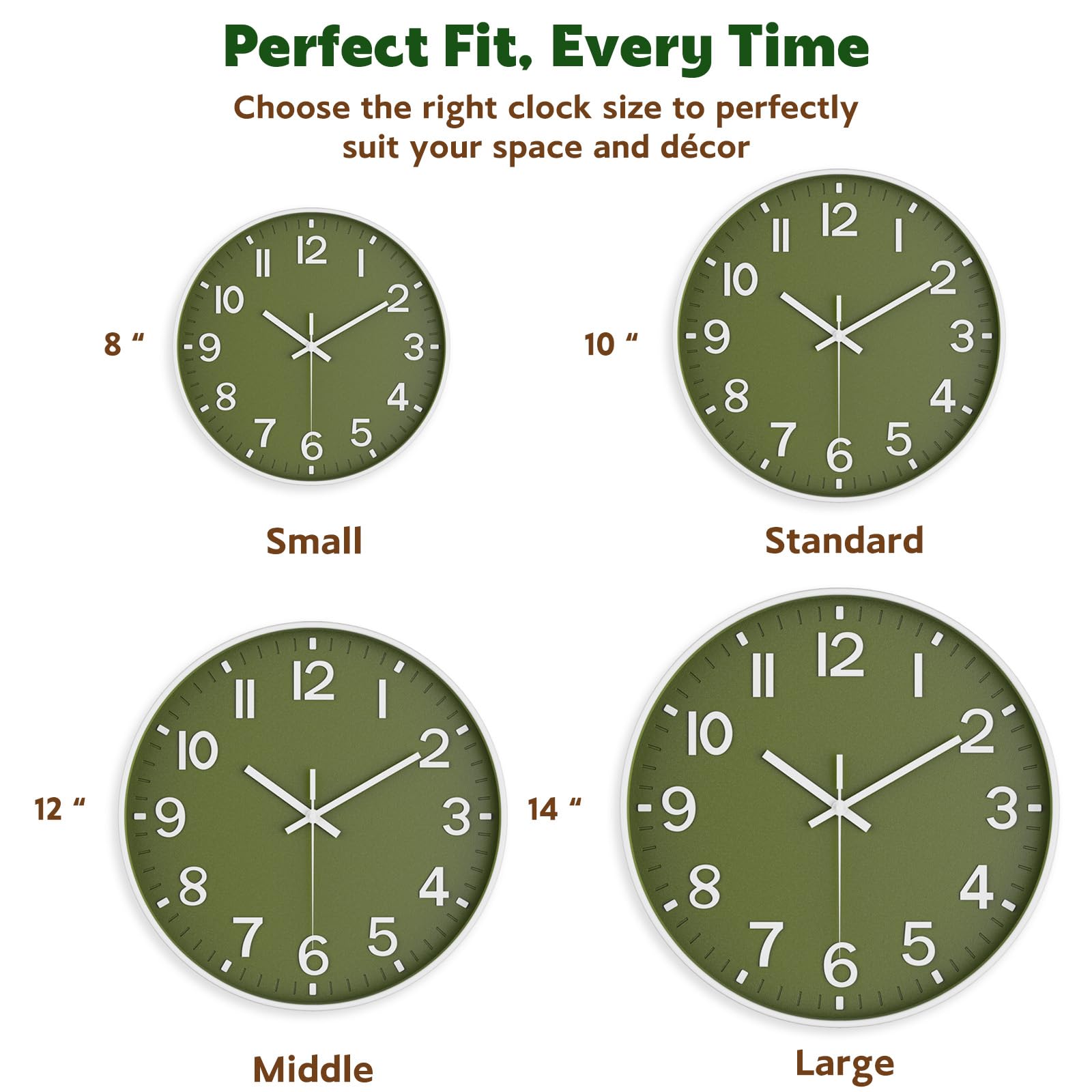 Silent Wall Clock Non-Ticking Battery Operated – Modern Olive Green Analog Wall Clock for Living Room, Kitchen, Office, Bedroom – Stylish Home Wall Decor Clock, 8 Inch