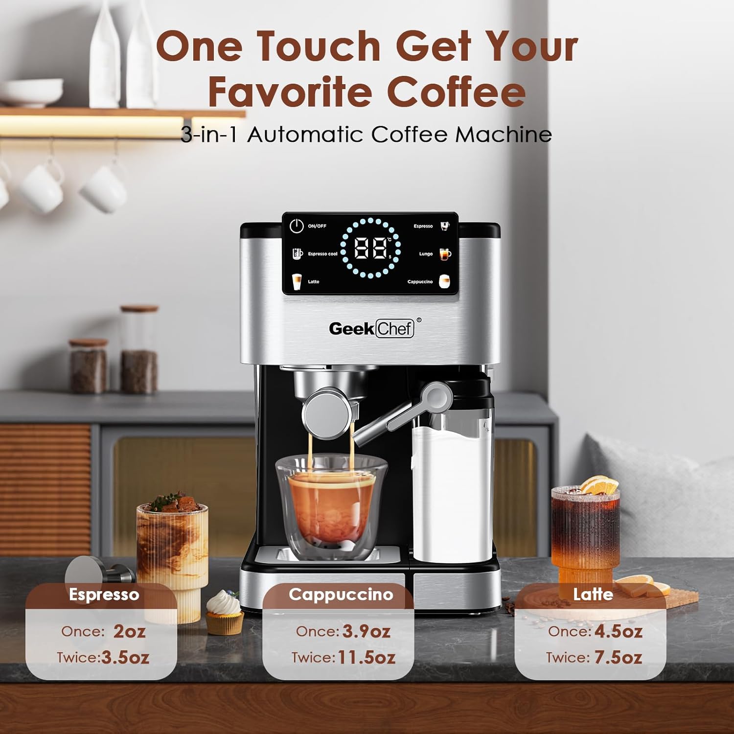 Geek Chef Espresso Machine with Milk Frother, 20 Bar Expresso Coffee Machine, Quick Heating, Latte & Cappuccino Maker, Easy to Use & Clean, for Home & Gift