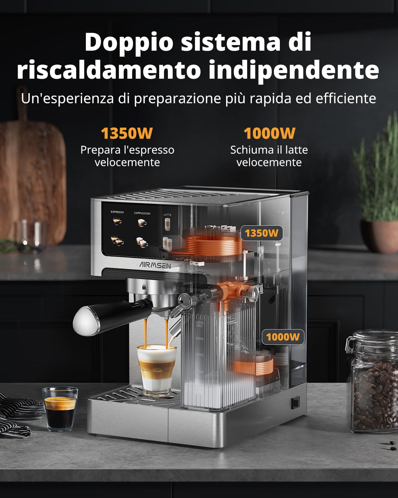 Macchina per Espresso 20 Bar per Casa con Frotheria Automatica, Cappuccino & Latte Caffè Macchina, Doppio Boiler Quick Estrazione (1350W+1000W), Acciaio Inox, Serbatoio d'Acqua 1.8L, Touchscreen