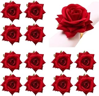 Napkin Rings 12Pcs Napkin Rings Rose Floral Metal Holder Set for Wedding Valentine Banquet Christmas Birthday Decor(Red-12PCS)