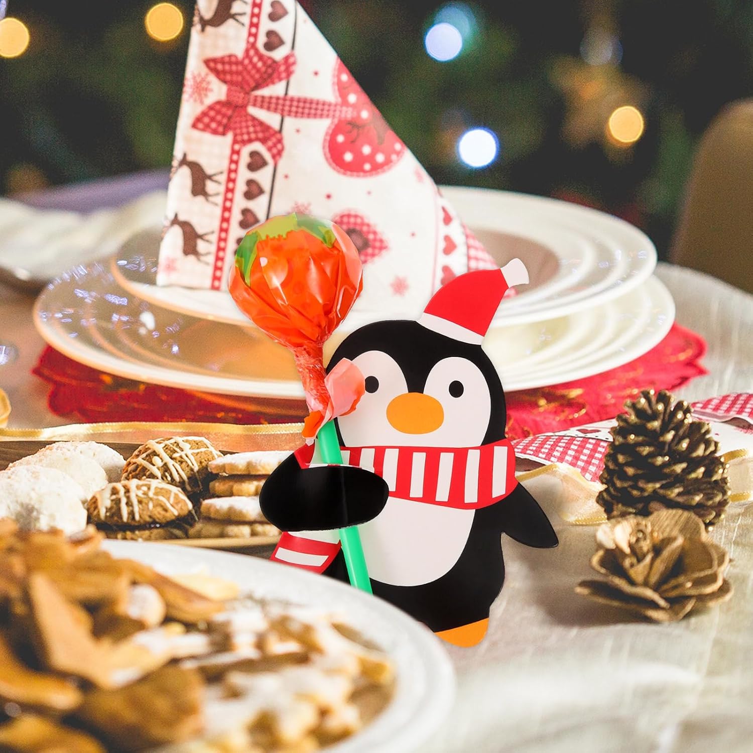 ARTIBETTER 150pcs Christmas Lollipop Paper Card DIY Santa Snowman Penguin Candy Lollipop Decoration Cards Candy Holder Party Supplies