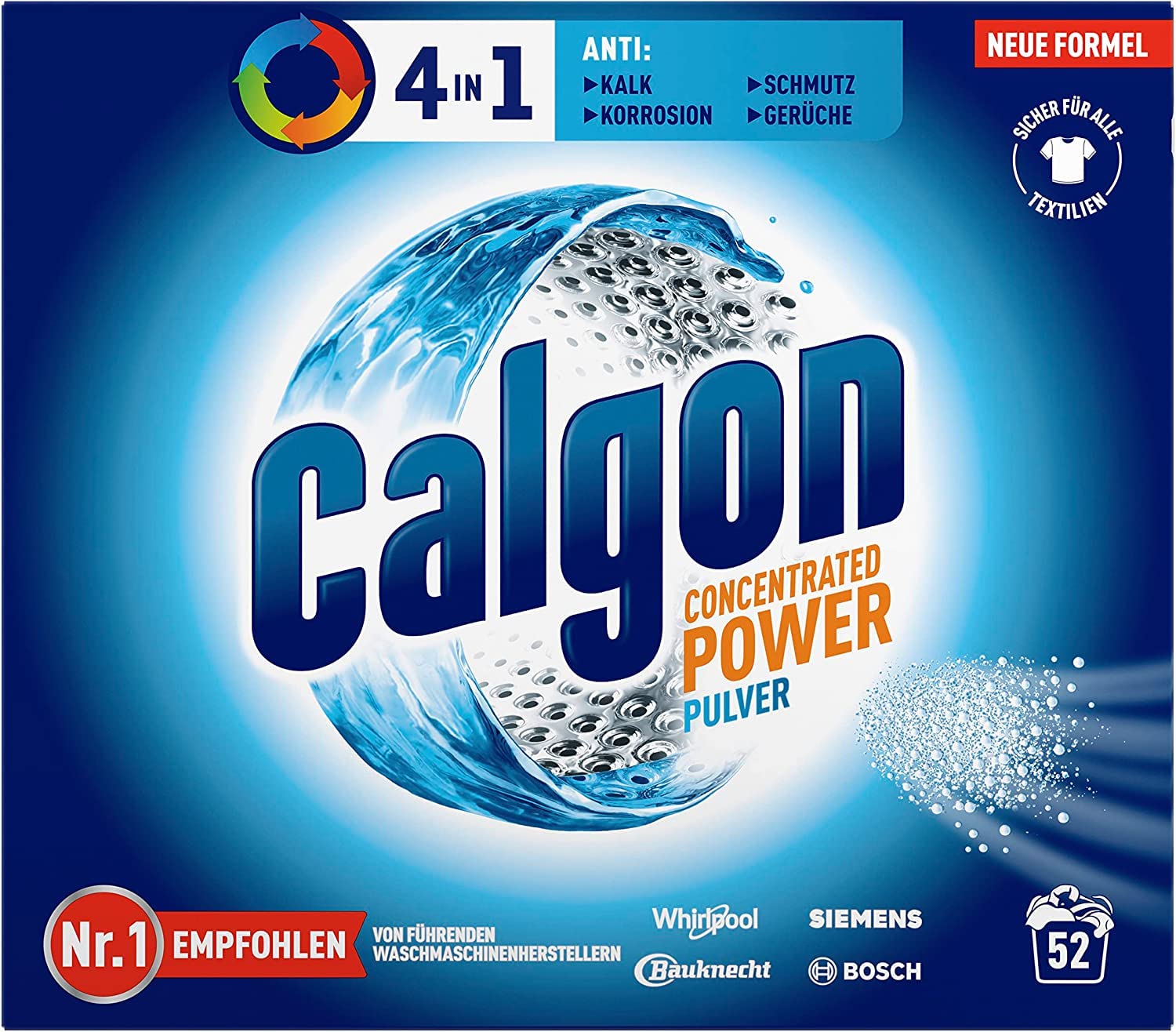 Calgon 4-in-1 Power Pulver – Wasserenthärter gegen Kalkablagerungen, Schmutz und Korrosion in der Waschmaschine – Beugt unangenehmen Gerüchen vor – 4 x 1,3 kg