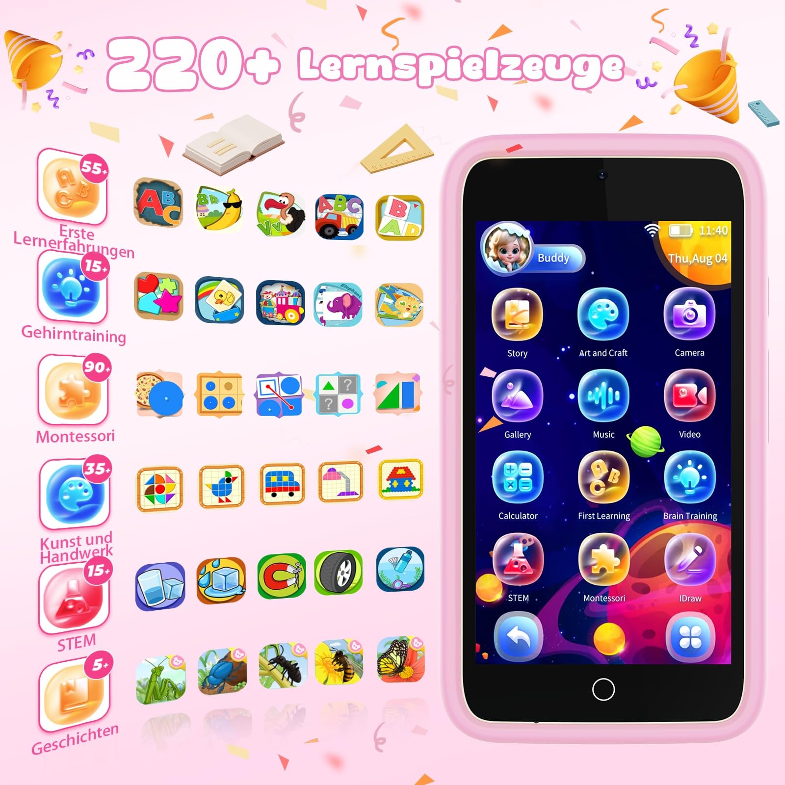orantronx Kinder Handy Smartphone Spielzeug, 3.97" Kinderkamera Handy für Mädchen Jungen Geschenke ab 3 4 5 6 7 8-12 Jahre, Kinderhandy mit 200+ Lernspiele, Dualkamera, Kindersicherungs, MP3 Player