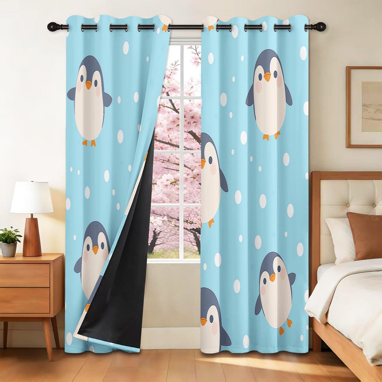 Niebieskie zasłony zaciemniające 117 x 229 cm pingwin z kreskówek z kropkami - grube i miękkie, izolowane termicznie zasłony z tkaniny do salonu, biura lub pokoju, 2 sztuki