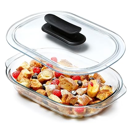 3 Liter Glass Casserole Dish With Glass Lid, Easy Grip Handle Oval Oven Safe Glass Bakeware with Lid (3 Liters-Oval)