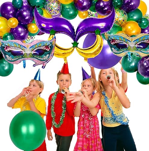 Miniatura 8 de Kit de guirnalda de globos de Mardi Gras, 114 globos de papel de aluminio de gran tamaño, globos de aluminio de luna y estrella para cumpleaños,
