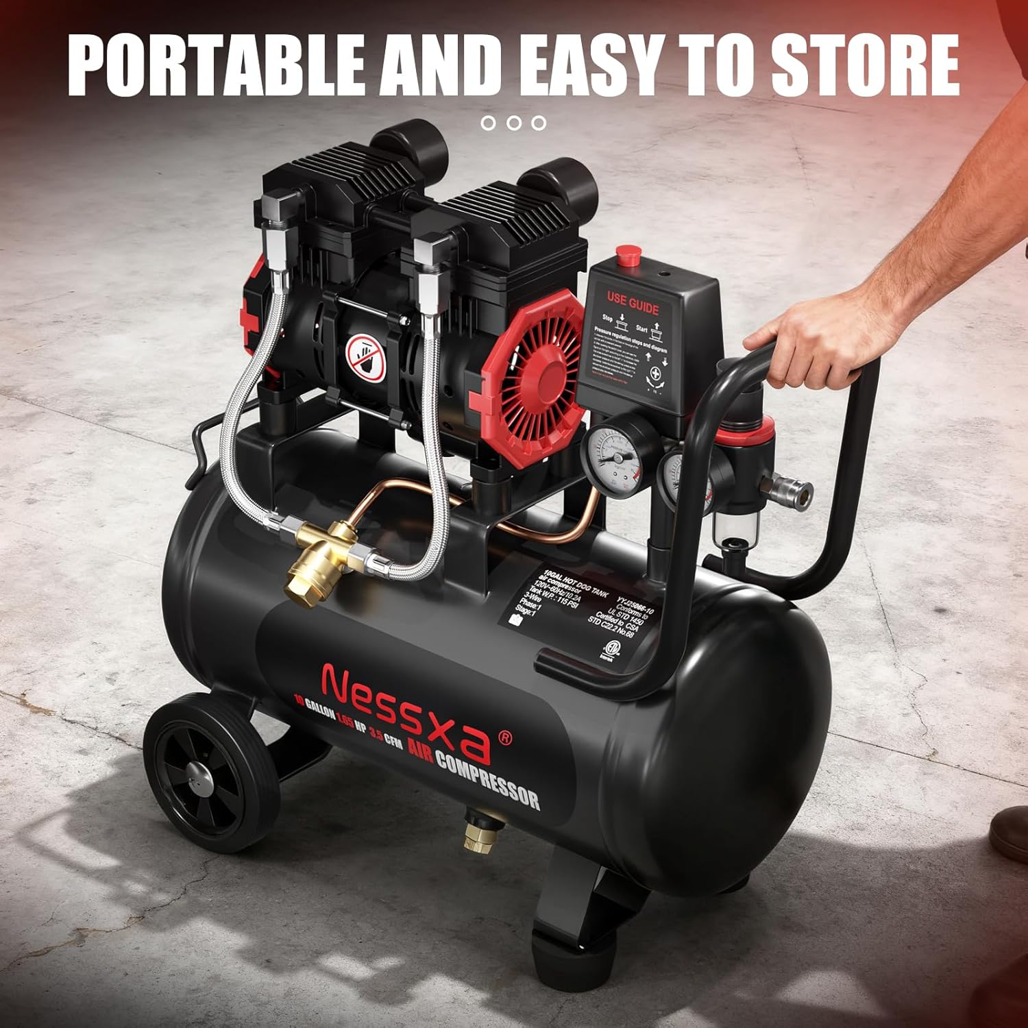 10 Gallon Ultra Quiet Air Compressor, Oil-Free Air Compressor Tank with Two Quick Couplers, 1.65HP 3.5 CFM@115PSI Pressure 70dB Electric Air Compressor for Woodwork Nailing, Garage, Auto Repair