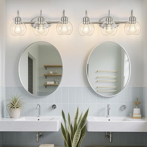 Miniatura 7 de Lámpara de tocador de baño de 3 luces, lámparas de pared de níquel cepillado, aplique de pared moderno con pantallas de vidrio transparente,