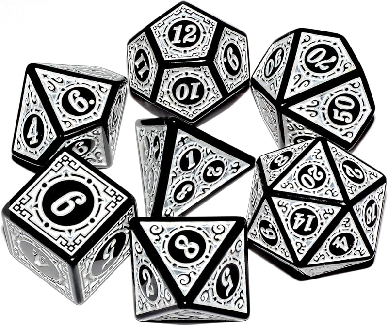Dados D&D - 7 piezas de dados mixtos poliédricos en blanco y negro para RPG y MTG