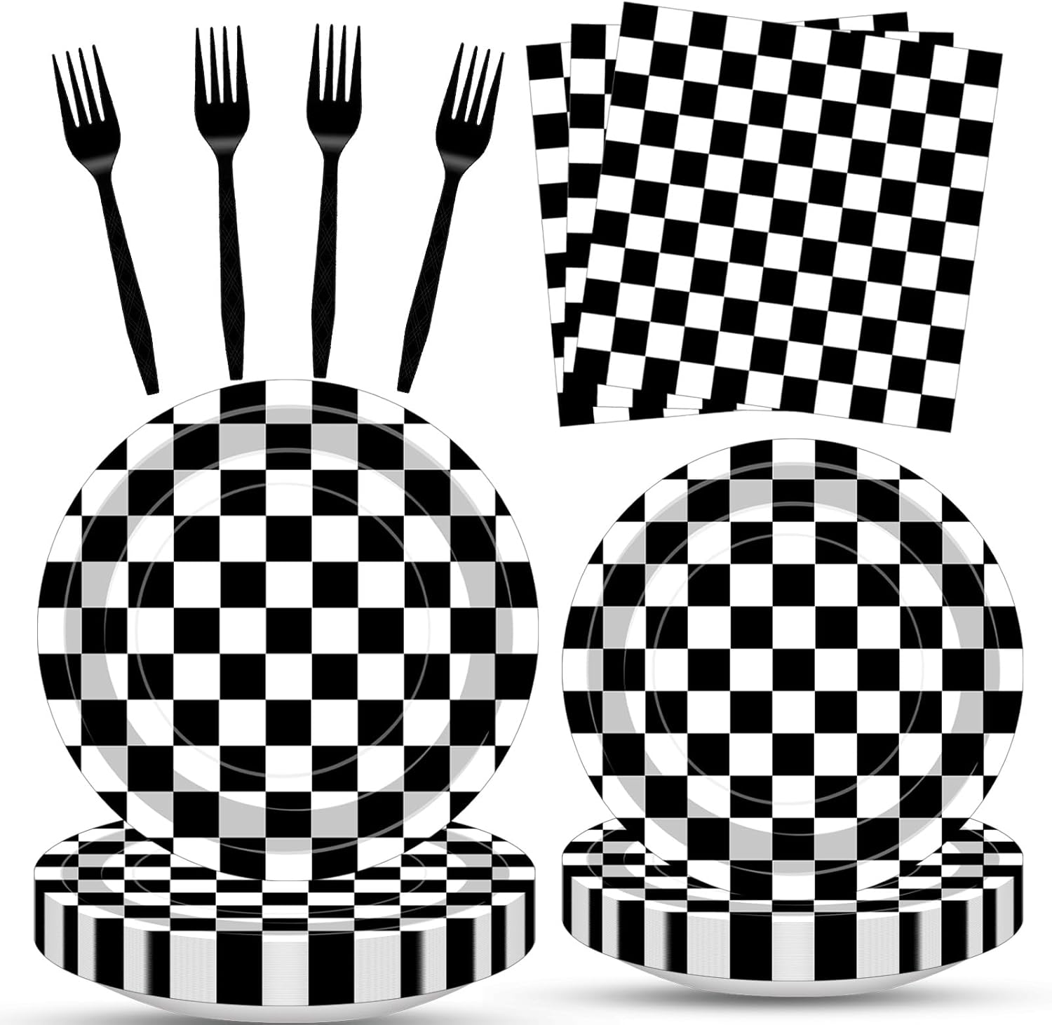 100 Pcs Racing Checkered Party Supplies Set, Serves 25 – Disposable Black and White Checkerboard Paper Plates, Napkins, and Forks, Race Car Themed Tableware for Birthday, and Racing Table Decorations