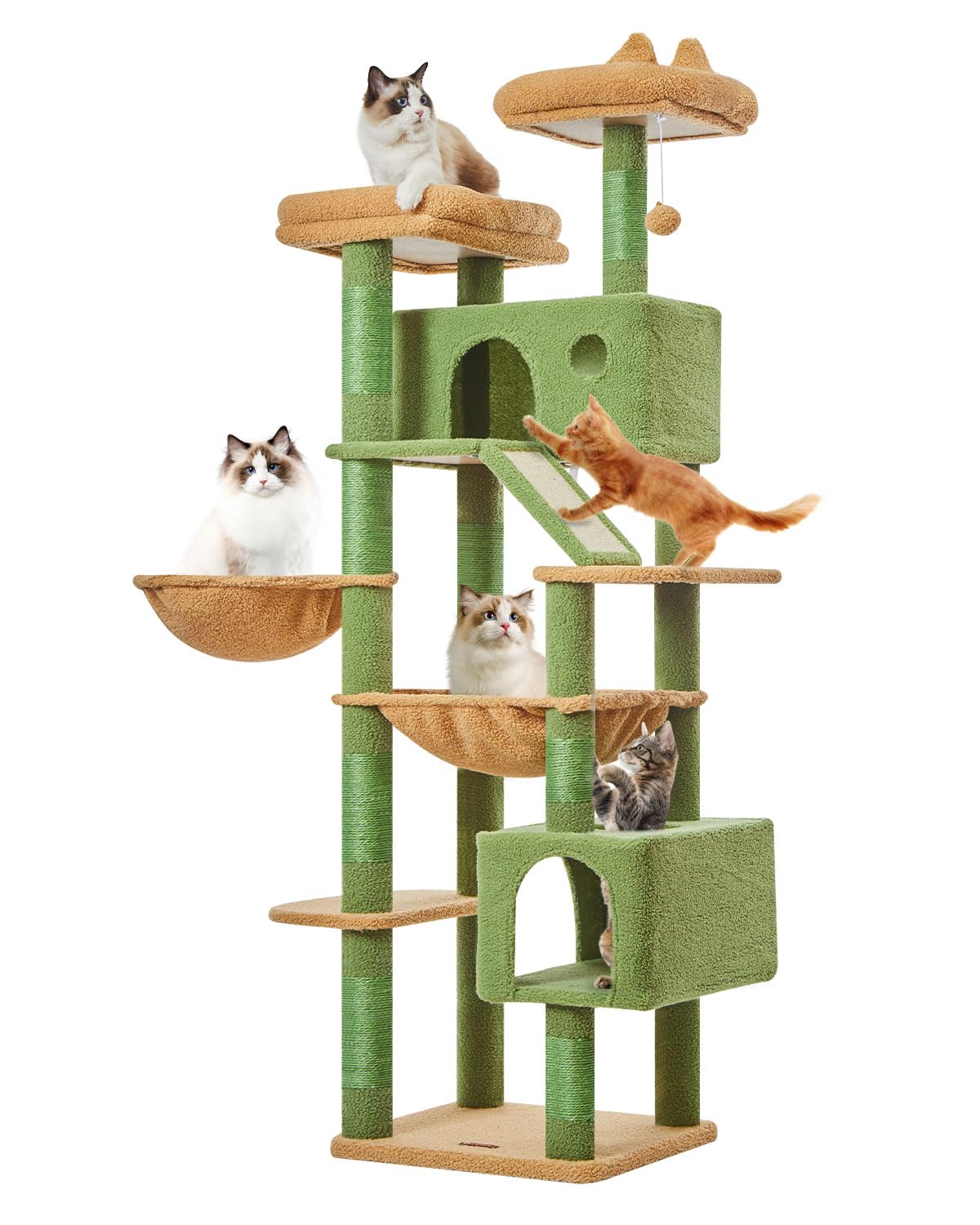Taoqimiao Tiragraffi per Gatti, 180cm Stabile Tiragraffi per Gatti Adulti xxl con 2 Grotte,1 Amaca, 1 Cestini, 8 Pali Graffiatoi, 2 piattaforme, Materiale di Flanella Morbida, Verde MSC026L