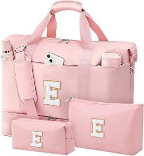 Personalized Initial Travel Duffle Bag for Women, Dance Bags with Foldable Shoe Compartment, Carry-On Weekender Duffel, Gifts for Teenage Girls, Water Resistant, Pink Letter E