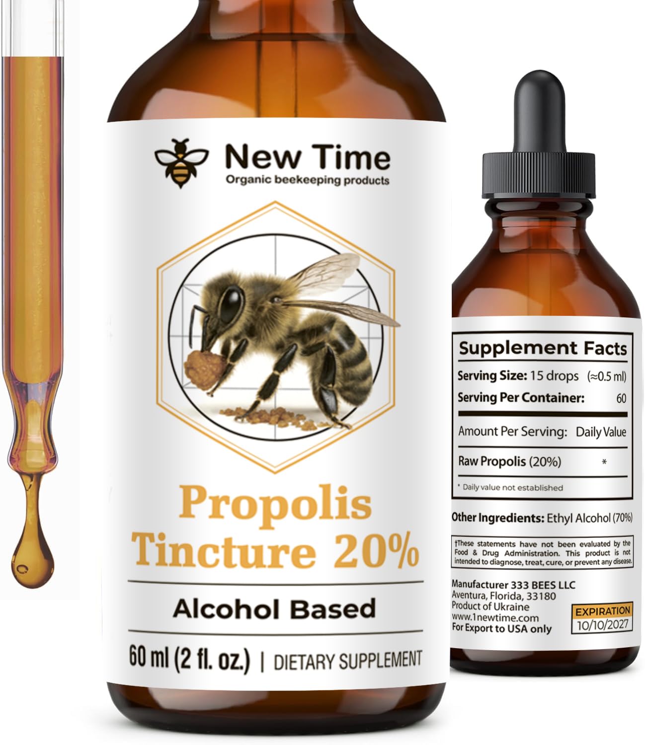 New Time Organic beekeeping products Tintura de própolis orgânica 20% 60 mL