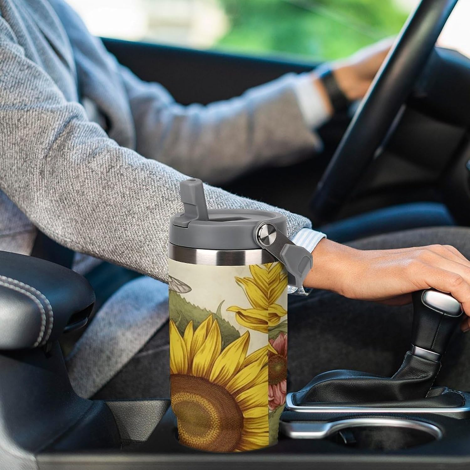 30oz Insulated Tumblers with Top Handle, Stainless Steel Bees Sunflowers Daisy Rose Flowers Car Cup with Straw for Gift, Leak-Proof Double Wall Vacuum Travel Mug, Personalized Water Bottles White