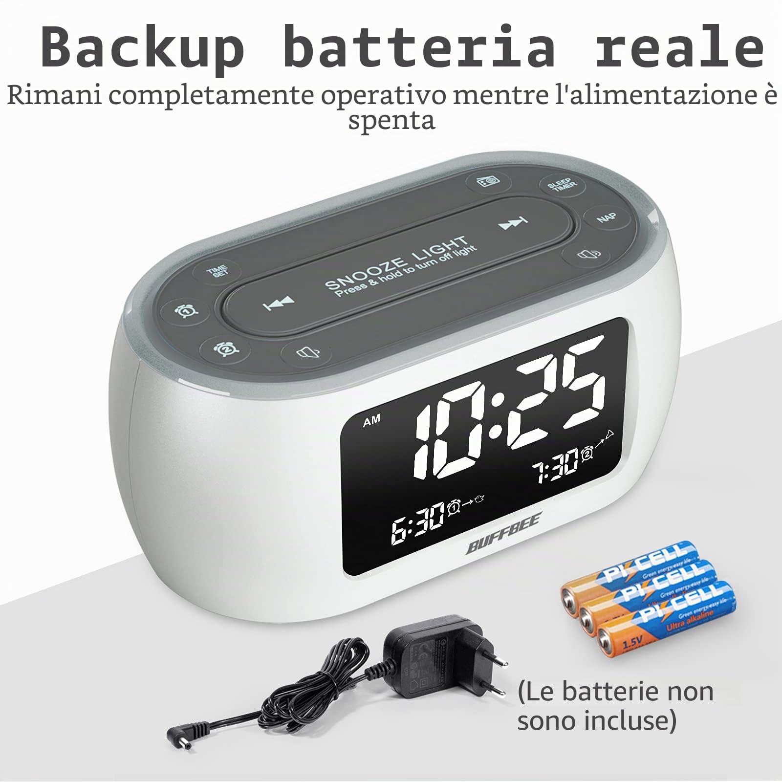 BUFFBEE Radio Sveglia con Luce Notturna 7 Colori, Doppio Allarme, Snooze, Dimmer, Porta USB, Timer Riposo, Sveglia Digitale con Radio FM, Timer Notte - Bianco