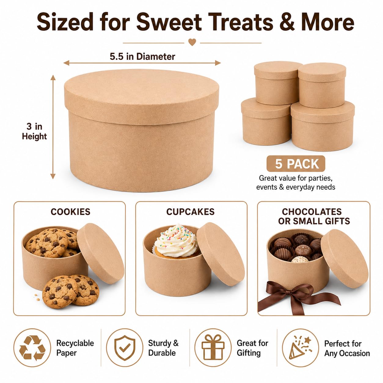 Paquete de 5 cajas redondas de papel kraft para galletas con tapas, contenedor circular de cartón de 5.5 pulgadas para embalaje de postres, soportes vacíos de papel maché para cupcakes, panadería