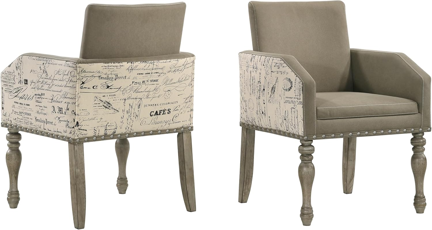 Roundhill Furniture Birmingham Script Printed Driftwood Finish Dining Arm Chair with Nail head, Set of 2,