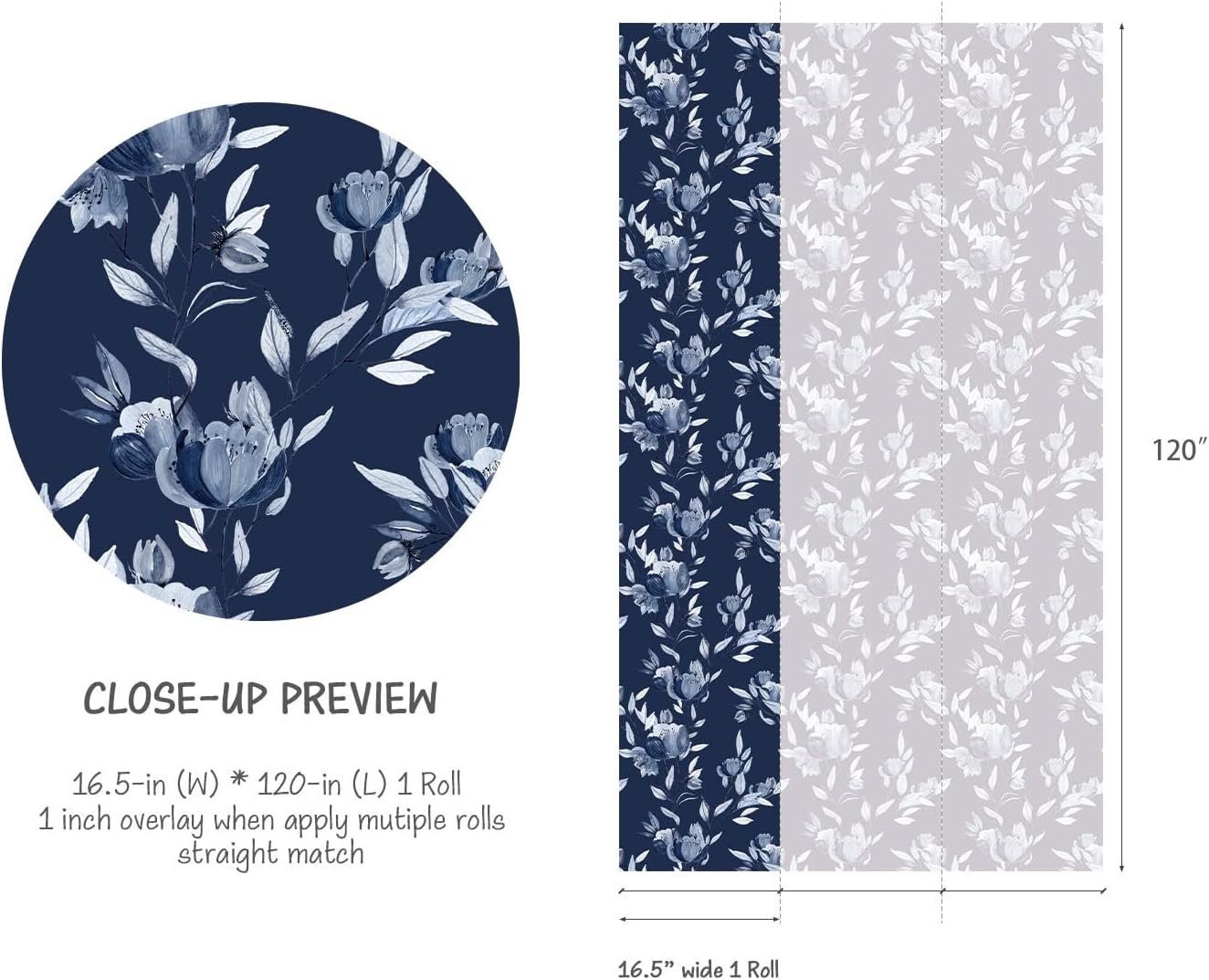 RollsRolla Modern Wallpaper Blue Floral Peel and Stick Wallpaper Indigo Blue Flower Renter Friendly Removable Wallpaper Temporary Wallpaper for Accent Wall Bedroom Bathroom