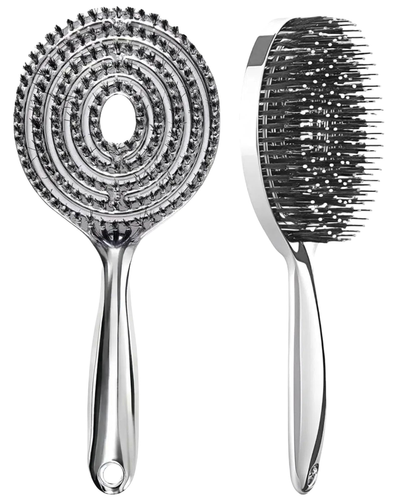 Electroplated Hollow Round Bristle Hair Brush – Quick Drying Anti Static Scalp Care and Heat Protection for Smooth Voluminous Hair （Silver）