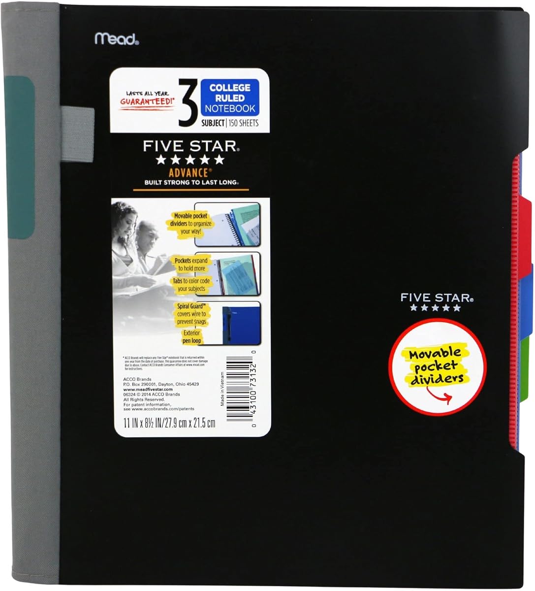 Cuaderno en espiral Five Star Advance, 3 temas, papel con rayas universitarias, 150 hojas, 11" x 8-1/2", color seleccionado para usted (06324)