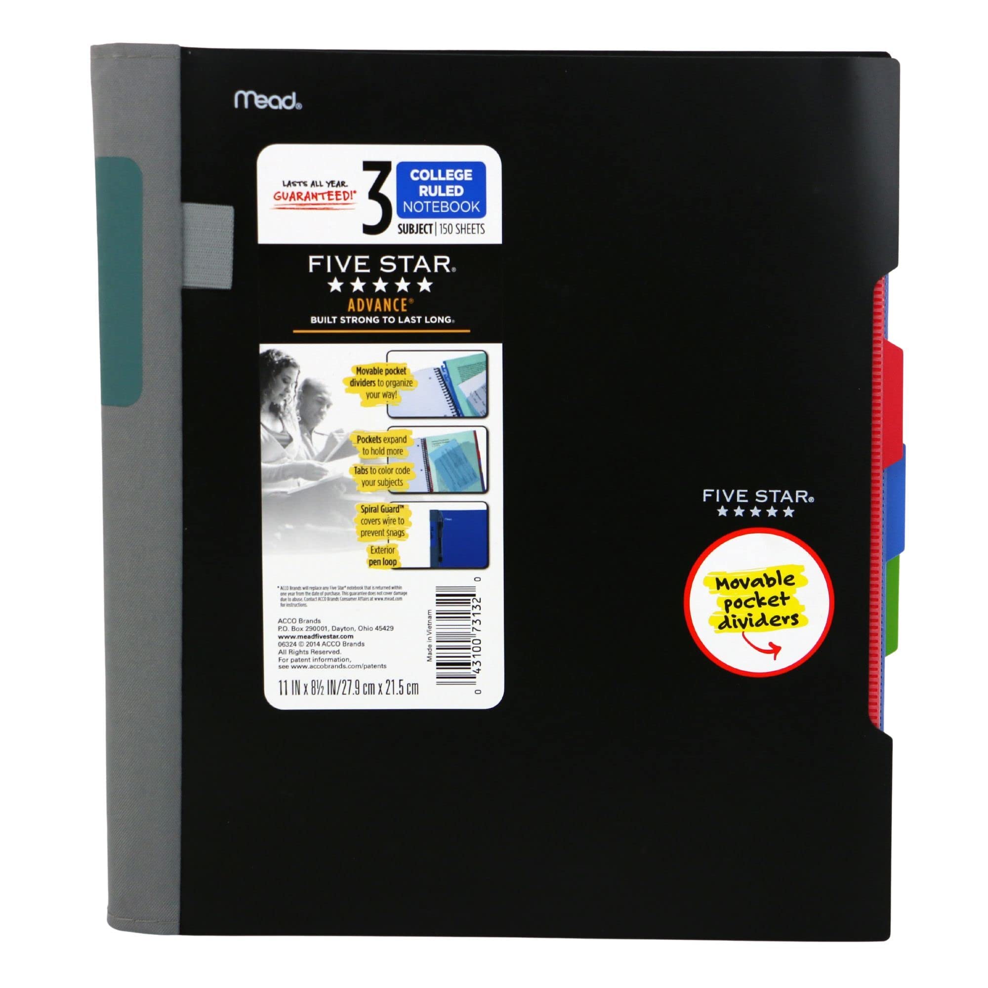 Advance Spiral Notebook, 3 Subject, College Ruled Paper, 150 Sheets, 11" x 8-1/2", Color Selected For You (06324)