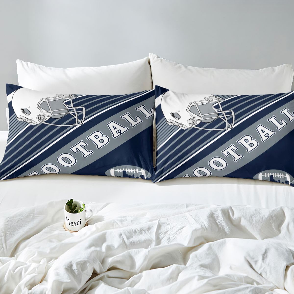 Erosebridal 4Pcs Gridiron Bed Sheets Set, Sheets Queen Size, Sports Bedding Set, White Navy Blue Striped Sheet Set Bedroom Decor for Men Husband Boyfriend Teenage Boys