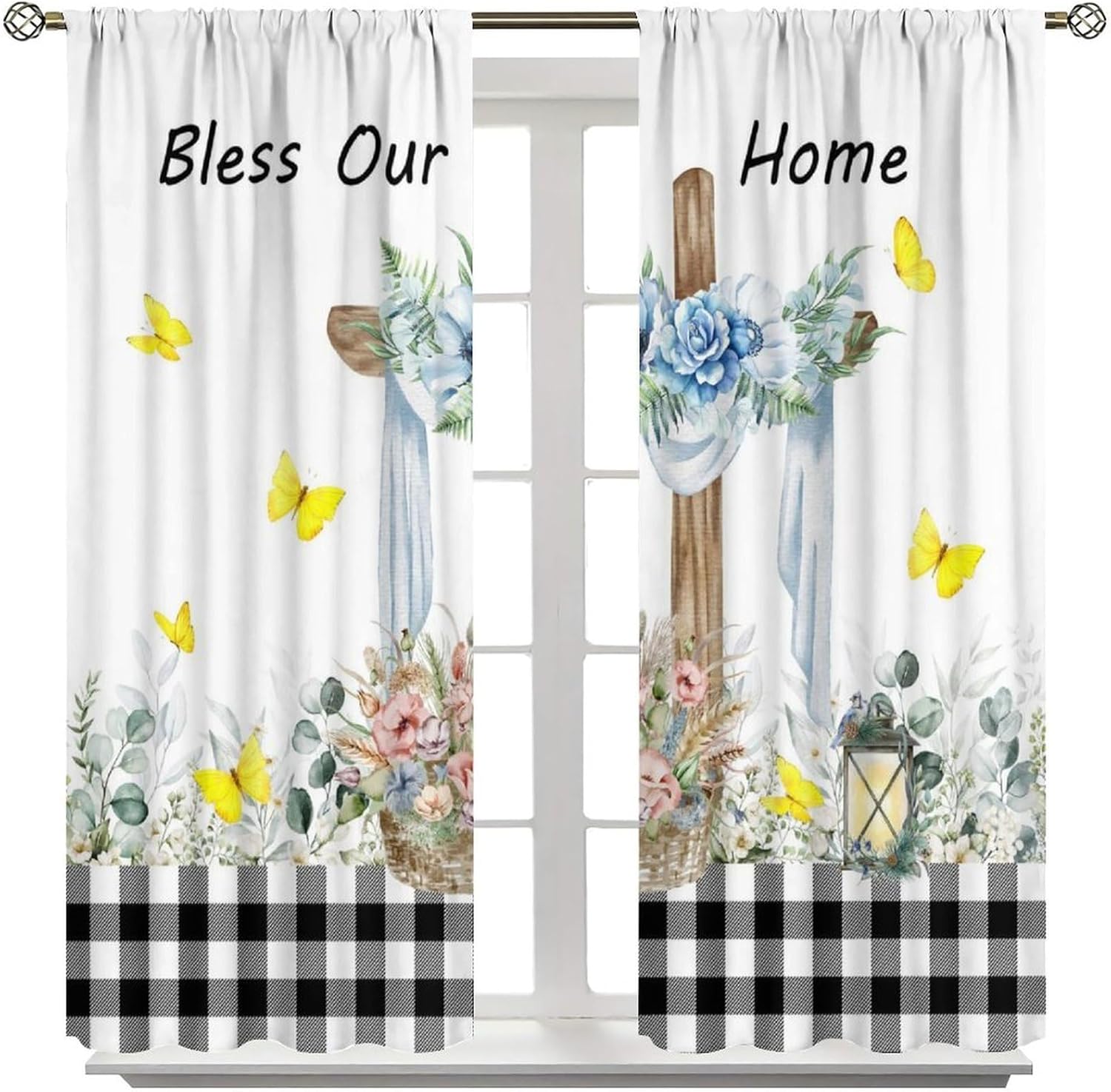 Modern Watercolor Floral Curtains,Spring Nature Flower Botanical Yellow Butterfly Vintage Cross Pattern Blackout Window Treatments,for Living Room Bedroom Kitchen Cafe Farmhouse 42" W X 54" L