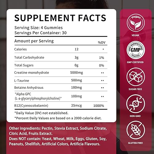 Miniatura 7 de Gomitas de monohidrato de creatina de 5000 mg para hombres y mujeres, suplemento de preentrenamiento sin azúcar, masticables para fuerza muscular,