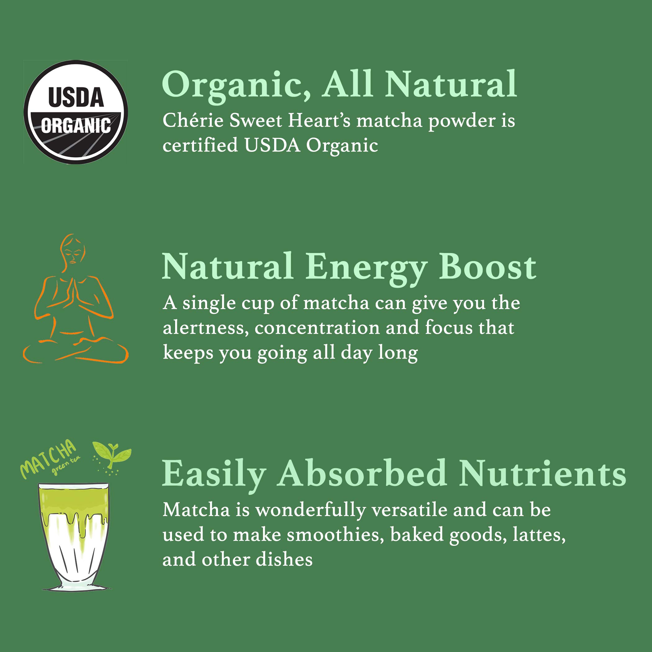 Ch rie Sweet Heart Organic Matcha Powder - Matcha Green Tea Powder For Cooking Baking Latte Smoothie Hot — view 3