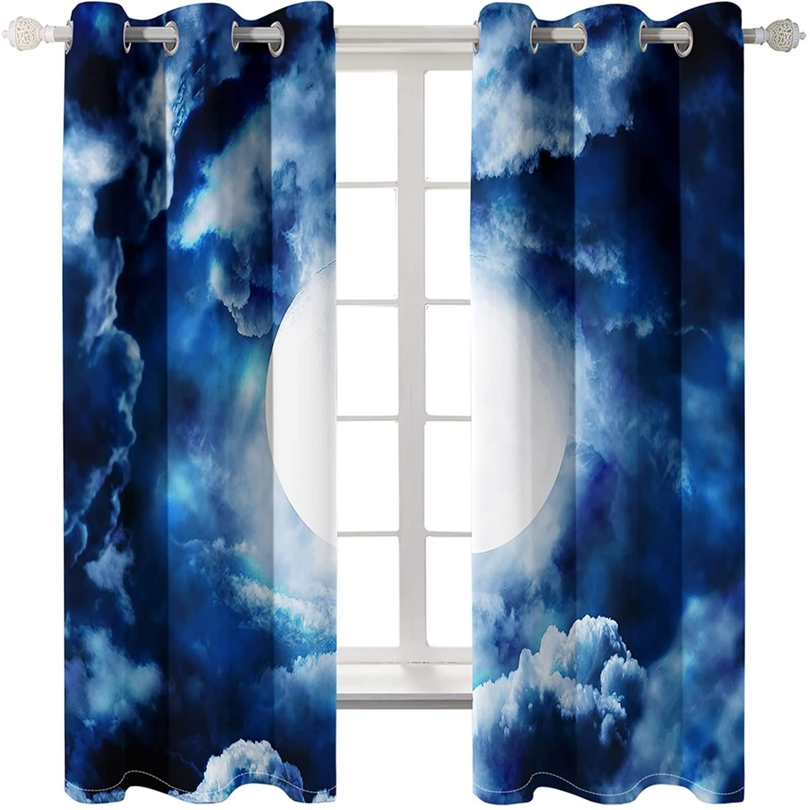 KnSam Rideau de Fenêtre Occultant à Oeillet Moderne pour Chambre Salon, 107x138CM x 2PCS, Rideau Imprimé Lune et Nuages Bleu Foncé Blanc
