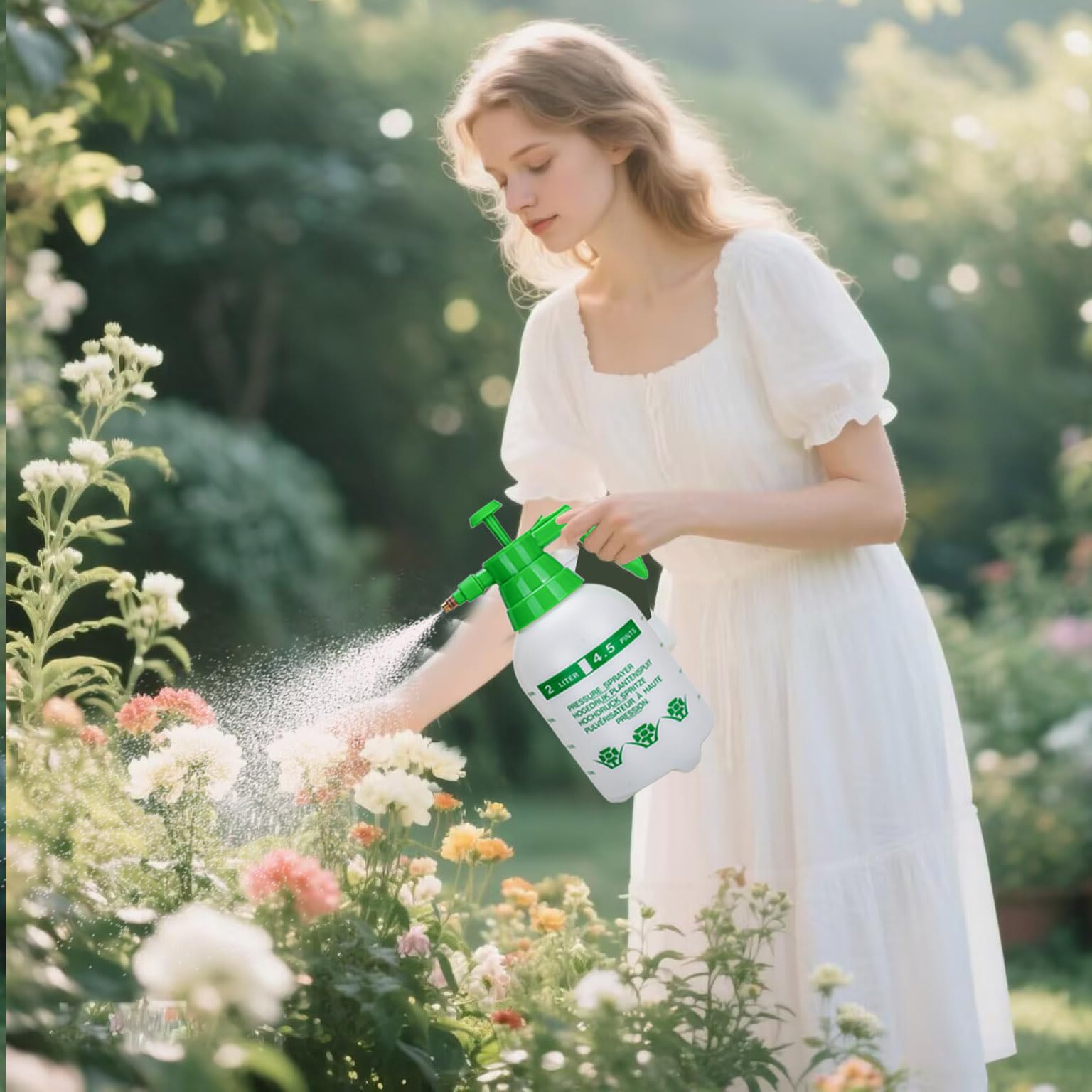 Paquete de 2 pulverizadores de bomba de jardín de mano, botella de agua a presión de 1/2 galón con boquilla de latón ajustable, para plantas y otras soluciones de limpieza (blanco y verde)