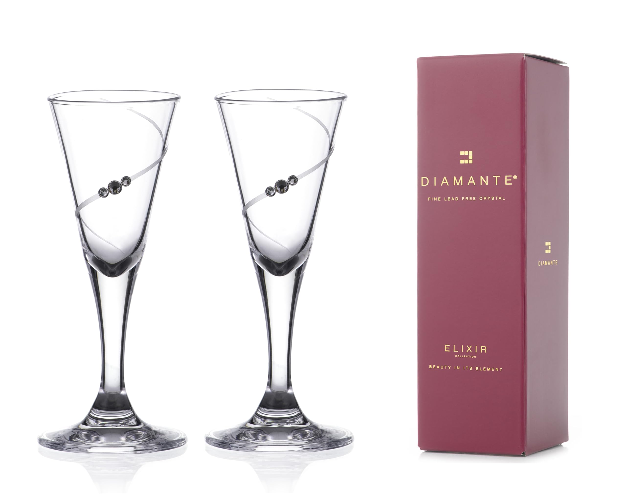 DIAMANTE Swarovski Shot Glasses Silhouette - Stemmed Liqueur Shot Glasses with Swarovski Crystals - Set of 2 in Gift Box