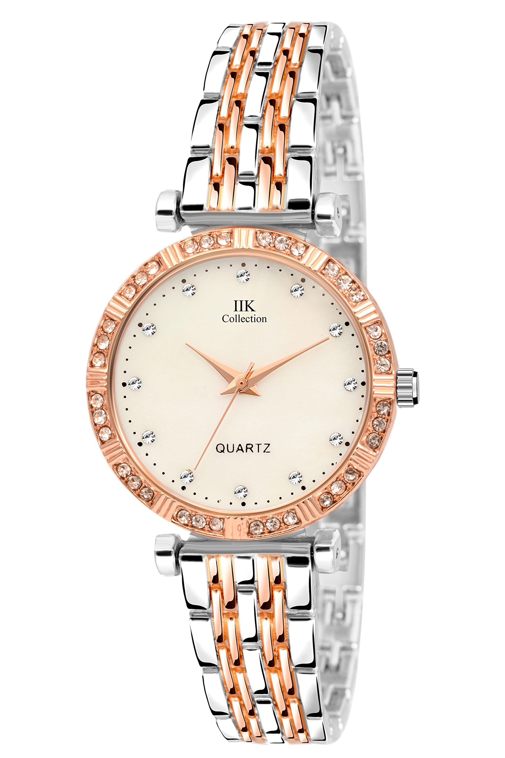 IIK COLLECTIONWatches for Women Round Studded Dial |Analogue Quartz Movemnet Ladies Watch|Long Battery Life|Stainless Steel Adjustable Bracelet Chain Strap|Double Lock Clasp Safety Watches for Girls